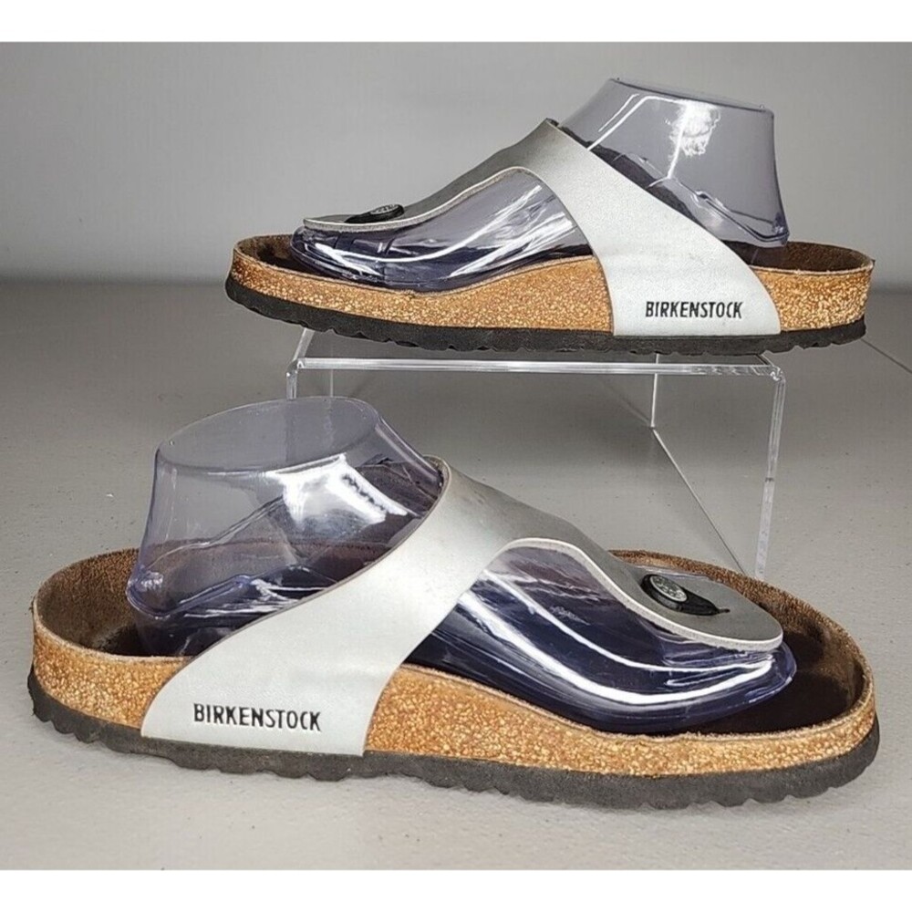 Birkenstock Women Sandals Shoes Gizeh Grey Silver Leather Size 41 US 10-10.5